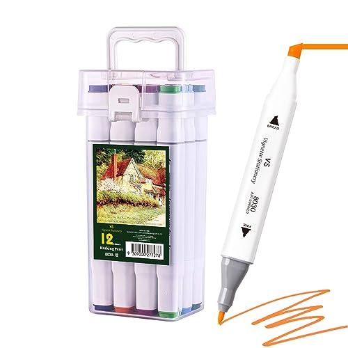 Vignette Stationery Dual Tip Art Markers 12 Colours, Double Nib (Fine & Broad) Professional Grade Alcohol-Based Ink, Fast Dry, Smudge Free Drawing Pens for Illustration, Design, Sketching & Colouring