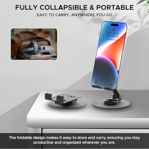 Image of Amkette Ergo 360 Alloy Mobile Stand for Desk, Foldable Design with Stable Rotational Metallic Round Base, Multiple Height & Angle adjustments for Smartphones, Tablets & iPad (Black)