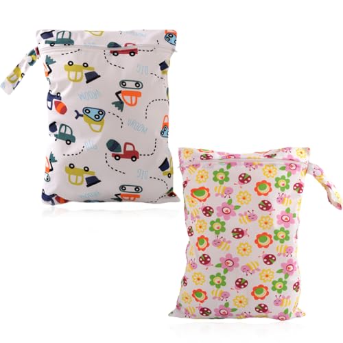 Borsa per Pannolini, 2 Pezzi Sacchetto del Pannolino Lavabile, scuola materna wetbag con Zip, Wetbag Pannolini Riutilizzabile, macchina blu, girasole, multicolore, 40 * 30cm