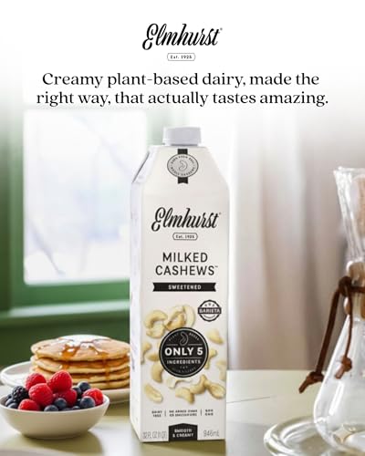 Elmhurst 1925 Sweetened Cashew Milk - 32 Ounce (Pack of 6) Dairy-Free, Vegan, Kosher, Gluten-Free, Shelf Stable Plant Based Milk Made with Water & Cashews for Healthier Coffee, Latte & Smoothies