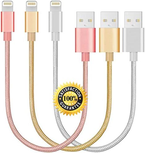 CableCord Short Nylon Braided USB Lightning Charging Cable/Data USB Compatible for iPhoneX Case /8/8 Plus/7/7 Plus/6/6s Plus,iPad Mini- Silver, Gold, Pink, 8-inch, 3-Pack