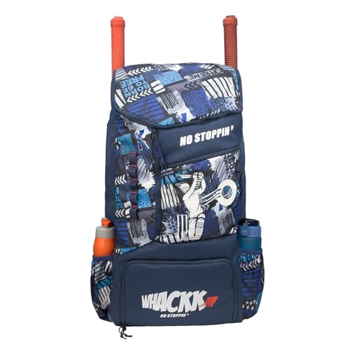 Image of Whackk Kallis 103L Unisex Cricket Kit Bag Backpack | Adult Size | 2 Bat | Shoe /Helmet Pocket | Main Compartment 18 inch Leg Pad |2 Bottle Holder | Easy Access Pocket | Player Edition Senior (navy printed)