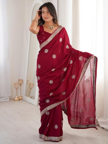 Image of AKHILAM Women's Maroon Vichitra Silk Embroidered Sequins Work Saree With Unstitched Blouse Piece (KRIYNS6101 KH)