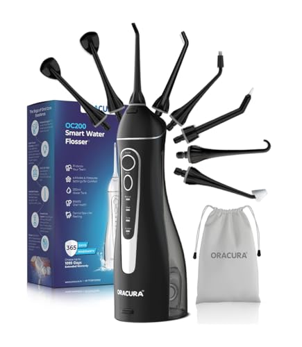 Image of ORACURA OC200 Dental PRO Smart PLUS Water Flosser Black, 8 Nozzle Tips, Portable & Rechargeable, Custom 8 Water Pressure Settings, 200ml Tank Capacity, IPX7 Waterproof, 365 Days Warranty