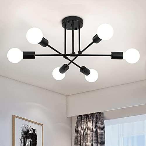 Black Modern Sputnik Chandelier Ceiling Light 6-Light Sputnik Light Fixture Black Mid Century Semi Flush Mount Celing Lights Fixture for Living Dining Room Bedroom Kitchen Foyer Office