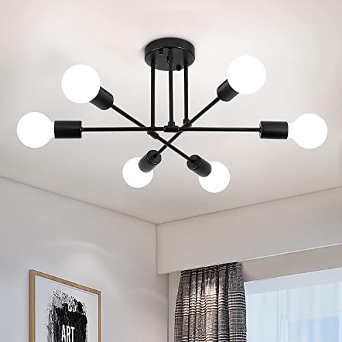 Black Modern Sputnik Chandelier Ceiling Light 6-Light Sputnik Light Fixture Black Mid Century Semi Flush Mount Celing Lights Fixture For Living Dining Room Bedroom Kitchen Foyer Office #TOP3