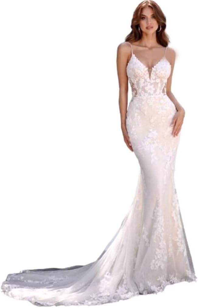 Mermaid Wedding Dresses for Bride Lace Beach Tulle Applique V-Neck Boho Bridal Dress for Bride with Train