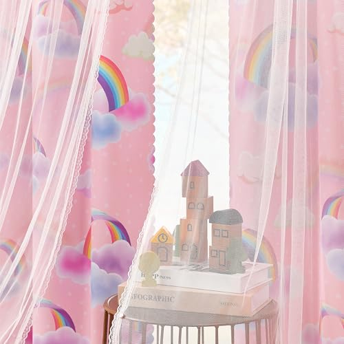 Image of XiDi Pink Curtains for Girls Bedroom 2 Panels 63 Inches Long Cute Double Layer Kids Rainbow Blackout Curtains with Sheer Overlay Lace for Nursery Princess Thermal Insulated Grommet Window Drapes 34x63