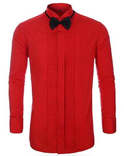 Mens Wingtip Collar Pleated Tuxedo Shirt French Cuff Long Sleeve Formal Dress Shirts