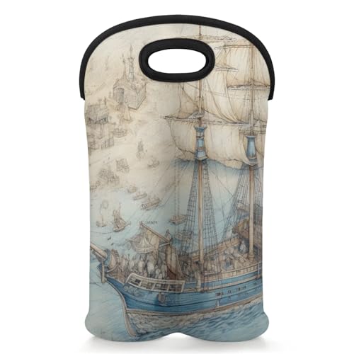 GzLeyigou 2 Bottles Old Ship Wine Bag Sleeve Totes Ocean Neoprene Protective Wine Carrier Bag for Wine,Water, Champagne, Beer, Baby Bottles,Gift 14.5 x 10 Inches