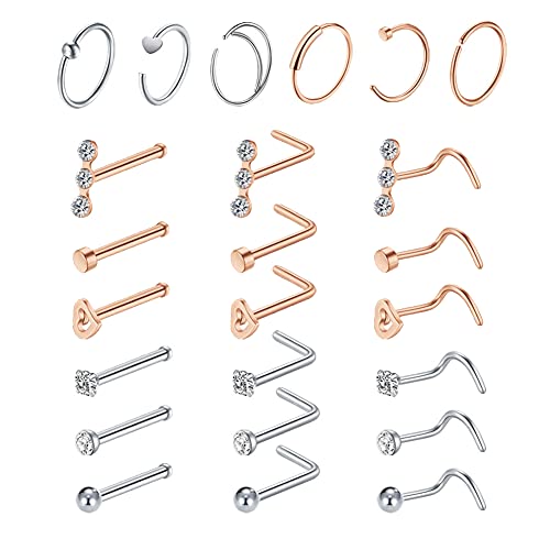 MODRSA 20G Septum Nose Rings Hoop L-Shaped Nose Studs Screw Surgical Steel Plastic Cartilage Helix Tragus Earrings Clicker CBR Nostril Piercing Heart CZ Clear Nose Retainers Set Silver Rose Gold
