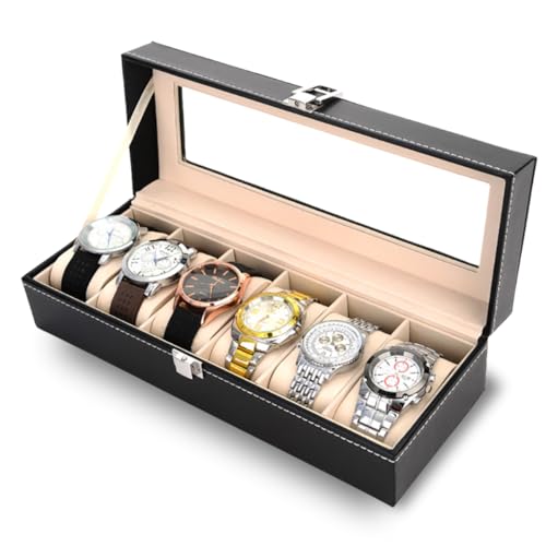 Porta Relógios Luxo em Couro Sintético - 6 Compartimentos, Almofadas Removíveis e Visor em Acrílico