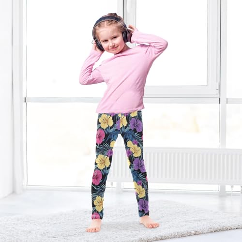 Colored Hibiscus Tropical Leaf Girls Casual Leggings for Kids Printed Long Pant Bottoms Stretch and Soft4