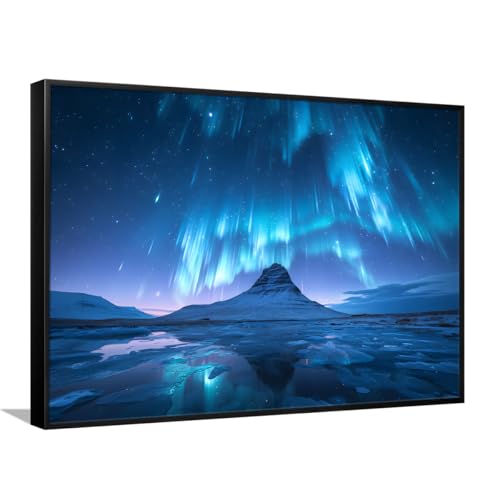 Framed Canvas Wall Art Aurora Borealis Ice Field Mountain Peak Teal Light Trails Night Landscape Paintings Pictures for Living Room Bedroom Office Entryway Hallway Cabin Lodge(24"X36"Black-Frame)