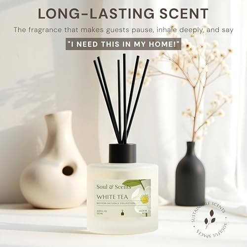 Soul & Scents White Tea and Mahogany Reed Diffuser Set - 120ml with Free 6 Fiber Reed Sticks Each| Toxin Free & Stress Relief| Long Lasting | Room Freshener for Home, Bedroom & Office| Combo Pack of 2