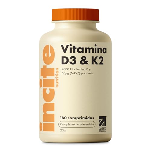 Incite Nutrition Vitamina D3 2000 UI y K2 (MK7) 50 µg – 180 Tabletas Vegetarianas Prémium – Suministro de 6 Meses – Vitamina D3 y K2 de Alta Potencia y Calidad – Fabricado en el Reino Unido