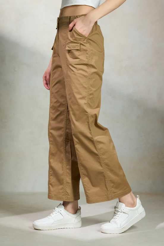 Image of GRECIILOOKS Cargo Pants For Woman | Trousers For Womans |High Waist Cotton Trouser for Women - Flared Parachute Pants with Side Pockets |Womens Cargo Pant | Elegant for College & Events (Available in Plus Size)