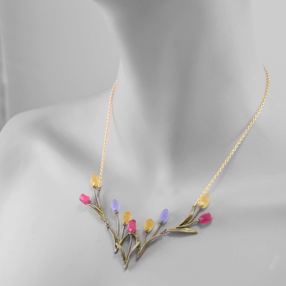 Modern Artisans American Handmade Tulip Flowers Necklace | Cast Artisan Glass & Bronze, Adjustable 16" to 18"
