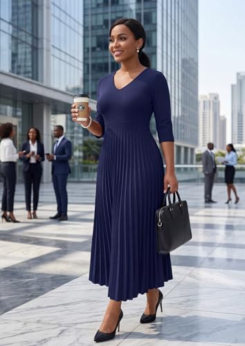 Image of FANDEE Women's V-Neck Pleated Maxi Dress A-Line 3 /4 Sleeve with Pockets