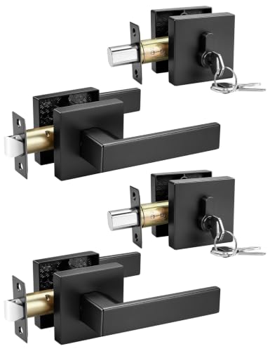 Image of Tinewa 2 Pack Black Passage Door Lever with Single Cylinder Deadbolt, Exterior Square Door Handle with Deadbolt, Modern Door Lock Handleset Keyed Alike