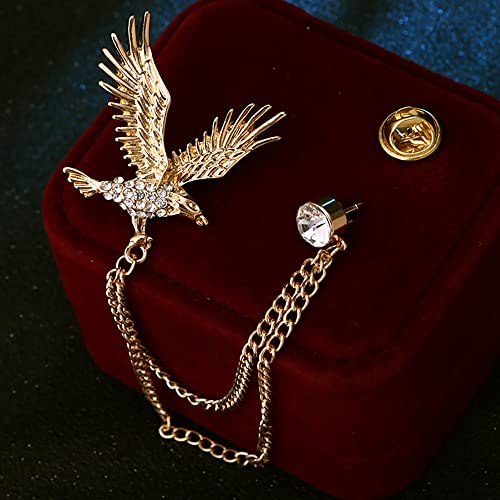 Image of Vintage Hawk Chain Brooch Pin,Animal Eagle Bird Long Chain Tassel Suit Lapel Pin Rhinestone Hawk Badge Pin Jewelry for Men Women