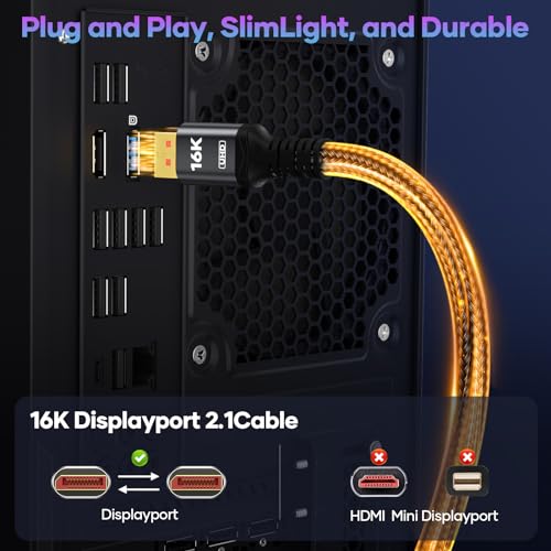 80Gbps DisplayPort Cable 2.1, VESA Certified DP 2.1 Cable 16K Military-Grade Braided Cable 3.3FT 5FT 6.6FT 10FT 16FT 20FT for Selection, 16K@60Hz, 8K@120Hz, 4K@240Hz Support HDR, HDCP DSC 1.2a (3.3FT)