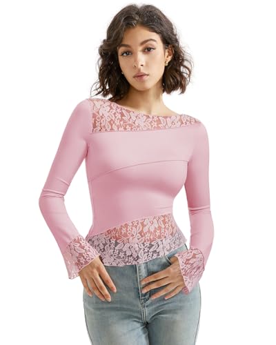 SUUKSESS Women Lace Long Sleeve Top Sexy Mesh Sheer Crew Neck T SUUKSESS Women Lace Long Sleeve Top Sexy Mesh Sheer Crew Neck T