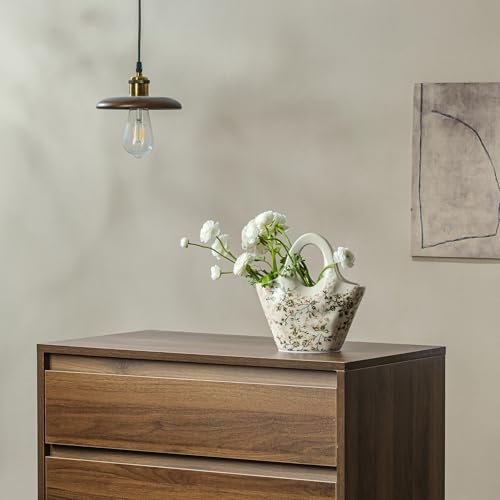 Ceramic Purse Vase for Flowers, Cute Handbag Vases, Vintage Green and Beige Floral Vase, Rustic Farmhouse Vases for Living Room, Kitchen, Bedroom, Table Centerpiece, Chinoiserie and Tuscan Decor 9 in