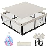 Semoprus Baby Playpen, Portable Indoor Outdoor Play Area with Balls, Beige, 50x50x27 Inch, Quick Fold Design, Mesh Safety Panels, for 0-36 Months