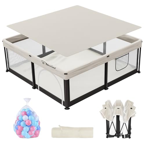 Semoprus Baby Playpen, Portable Indoor Outdoor Play Area with Balls, Beige, 50x50x27 Inch, Quick Fold Design, Mesh Safety Panels, for 0-36 Months