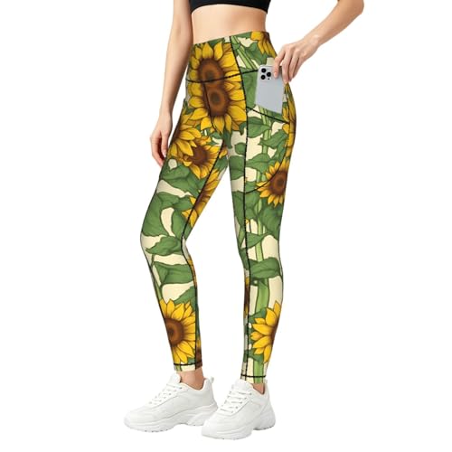 Leggings de girasol con bolsillos que no se bajan en fitness