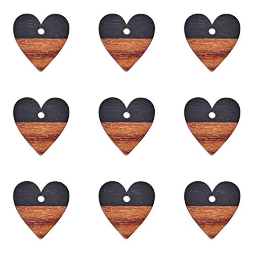 PandaHall Pendientes de corazón de madera de resina y nuez 50 piezas de resina y nogal pendientes de madera de resina negra 18 x 17,5 x 3,5~4 mm para collar de pendientes de joyas de bricolaje