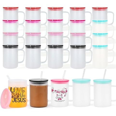 sweet grain Sublimation Glass Mugs with Handles, 25 Pack Frosted Sublimation Glass Tumbler with Colored Acrylic Lid, 17 oz Sublimation Glass Coffee Mugs, for Coffee, Tea, Cocoa, Milk Cover