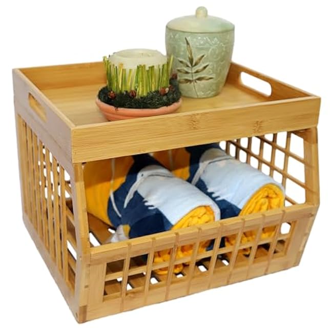 Bamboo Storage Bin - Multipurpose, Stackable Open Front Storage Bin with Bamboo Serving Tray Lid for Kitchen & Pantry - Stylish Lattice Design
