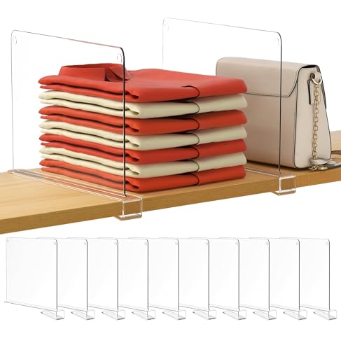 Image of HBlife Clear 12 Inches Tall [Extra Tall Version] Acrylic Shelf Dividers for Closet Organization 10PCS Closet Shelf Divider Closet Dividers for Shelves Shelf Organizer for Closet Shelf Organizer