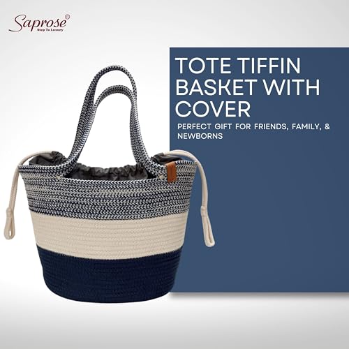 Image of SAPROSE Polypropylene Tote Tiffin Basket With Cover Carry Bag, Storage Basket, Picnic /Tiffin, Lunch Bag, Handbag for Lunch Box and Water Bottle, (29 x 18 x 28 cm) (Persian Blue)