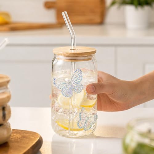 Image of 400ml Sipper Drinking Jar with Bamboo Lid & Glass Straw, Butterfly Printed Mason Jar Cup, Leakproof Reusable Smoothie & Juice Tumbler, Beverage Glass for Home & Office (Pack of 1)