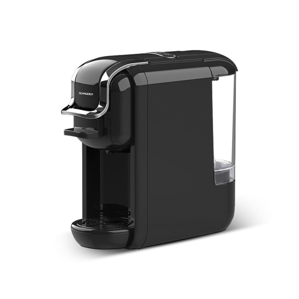 Schneider Ekspres do kawy 4 w 1 – ekspres do kawy na kapsułki do Nespresso, Dolce Gusto i kawy mielonej, saszetek na kawę, system szybkiego parzenia, pompa wysokociśnieniowa 19 bar, tacka ociekowa i