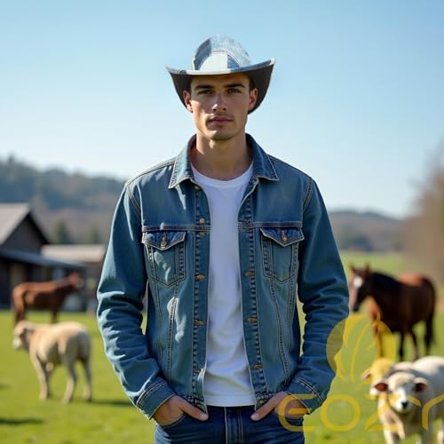 Image of Tie Dye Denim Patchwork Cowboy Hat for Women Men Western Wide Brim Costume Party Hat