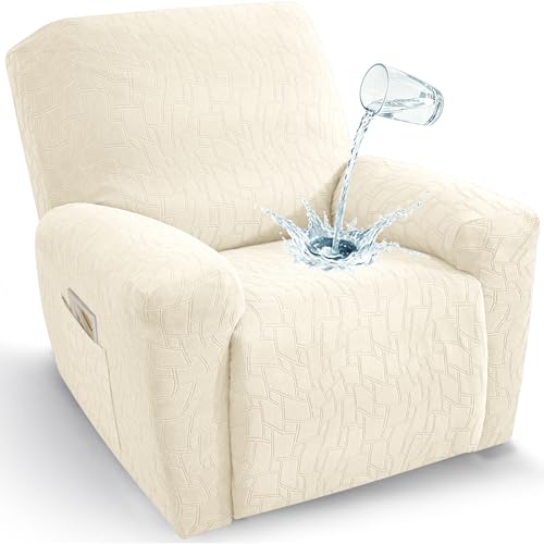 Image of ZNSAYOTX 100% Waterproof Recliner Chair Covers, 3-Piece Stretch Fit Recliner Slipcovers with Buckle & Elastic Band for Lazy Boy, Stay in Place, Soft Plaid Jacquard Protector (X-Large, Beige)