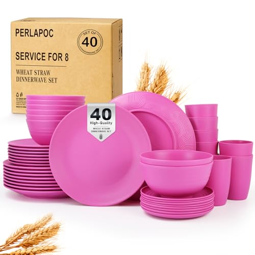 Image of Wheat Straw Dinnerware Set 40 PCS | Service for 8 | Unbreakable Plates and Bowls Sets Plastic Reusable Dishes Sets Dinner Plates, Cereal Bowls, Water Cups Kitchen Set for Home RV- Pink