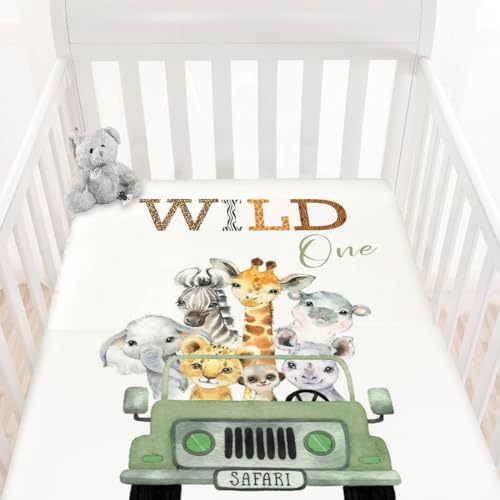 Image of HawSkgFub Wild One Safari Animals Truck Fitted Standard Crib Sheet for Baby Boy Girl, Neutral African Jungle Animal Toddler Mattress Cover, Soft Stretchy Nursery Bed Sheets Decor Kids Gift 52 x 28