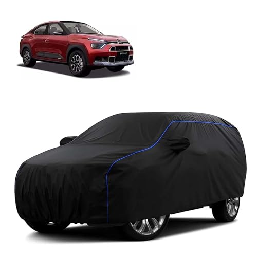 Image of Sulfar 100% Water Resistant Car Body Cover Compatible with Mirror for CITROEN Basalt (Triple Stitched, Full Bottom Elastic, Black Tafetta with Blue Piping)