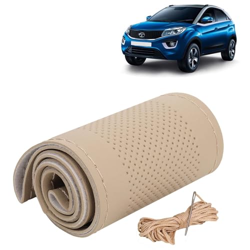 Image of KINGSWAY PU Leatherite Car Steering Cover Sewable Compatible with Tata Nexon (Year 2017-2019), Beige Color with Beige Thread, Pack of 1 with Sewing Needle and Thread