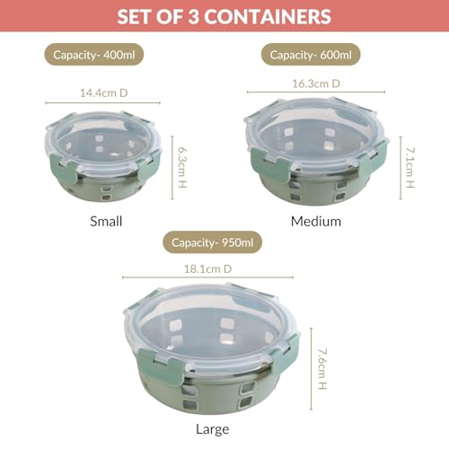 Image of Nestasia Gripso Glass Containers Set of 3 (400ml, 600ml, 950ml) with Silicone Sleeve & Locking Lid, Microwave, Dishwasher & Freezer Safe Round Food Storage Containers (Green)