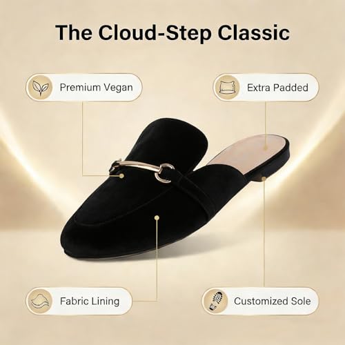 Image of MUSSHOE Gold Buckle Mules for Women - Comfortable Memory Foam Loafers, Classy Slip On Flats for Office Business Casual, Dressy Pointed Toe Shoes