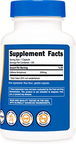 Nutricost Caffeine Pills 200Mg, 120 Capsules - Gluten Free, Non-Gmo #TOP3
