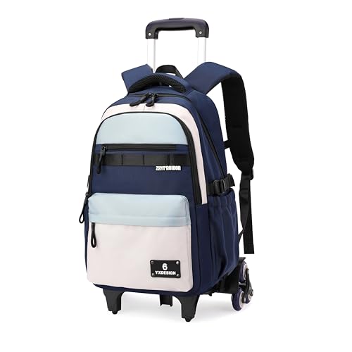 ZHANAO Mochila com rodinhas para meninos com bloqueio de cor para estudantes do ensino médio, mochila de livros para meninos do ensino fundamental, Azul-6 rodas, 6 Wheels