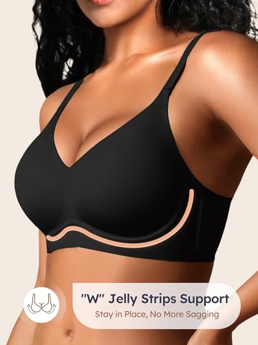 Image of Seamless Wireless Jelly Bras for Women - Lightly Padded Bra with Support, No Underwire Comfortable T-Shirt Bralette (L, Black-Pure White)