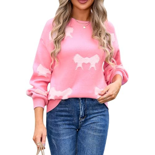 Image of Women's Valentine Love Print Heart Fun Sweater Casual Crewneck Long Sleeve Knit Sweatshirts Pullover Tops